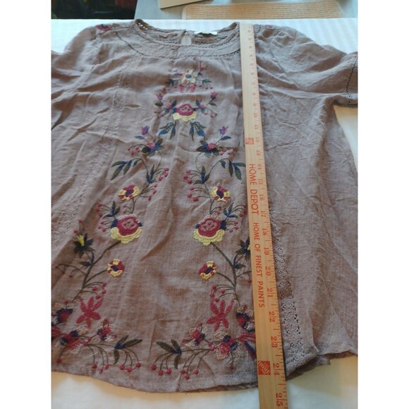 Umgee floral embroidered boho blouse S mocha brown lace trim peasant hippie - Picture 10 of 10